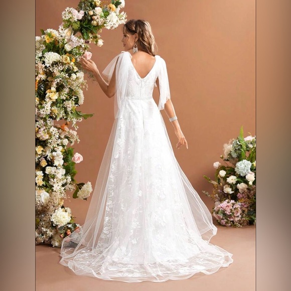 NWT -Floral Embroidered Bow Mesh Floor Length Wedding Dress Without Veil Sz 8/10 - Picture 2 of 3